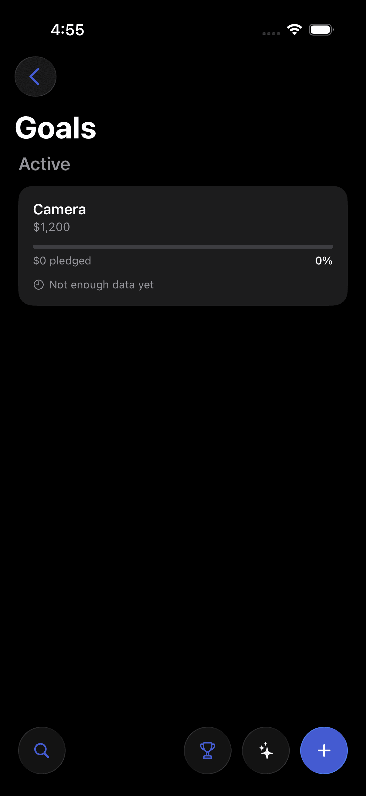 The Pursly iOS goals screen showing progress toward an active savings pledge.