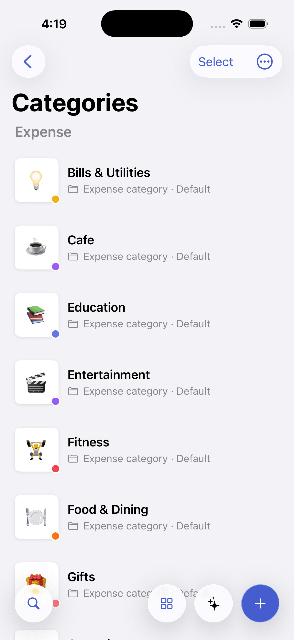 The Pursly iOS categories screen showing a list of categories.
