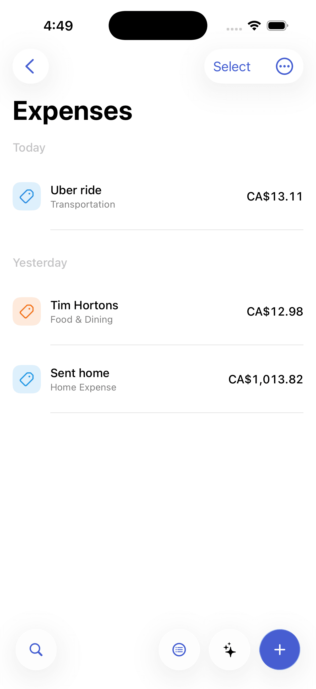 The Pursly iOS quick-add screen with fields for amount, title, and category.