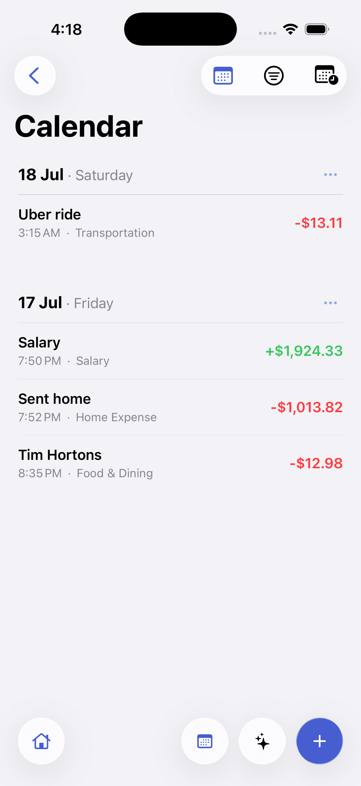 The Pursly iOS filter screen with an income and expense toggle above a summary of income, expense, and net totals for the selected range.